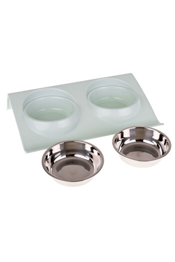 kik Plastic stand with 2 metal bowls, for dogs and cats, mint color