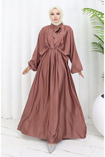 sefamerve Tie Collar Satin Dress 6204-01 Brown