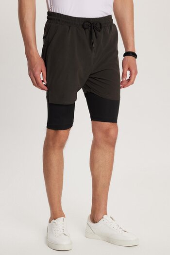 Tudors Men's Standard Fit Regular Cut Woven Khaki Shorts with Sports Leggings