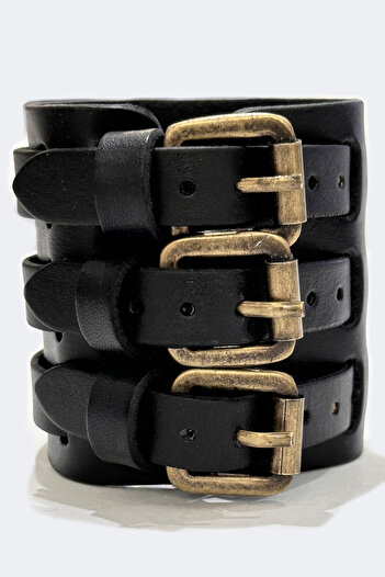 NARKİSSOS Handcrafted Three Belt Black Men's Leather Bracelet