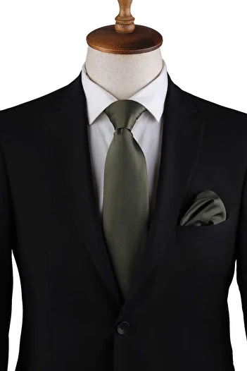 Kravatkolik Khaki Reps Textured Classic Tie with Plain Handkerchief Kk13182