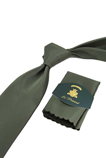 Kravatkolik Haki Reps Dokulu Düz Mendilli Klasik Kravat KK13182