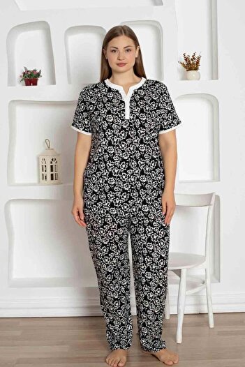 ALİMER Black Floral Patterned Large Size Pajama Set 2795Kyb
