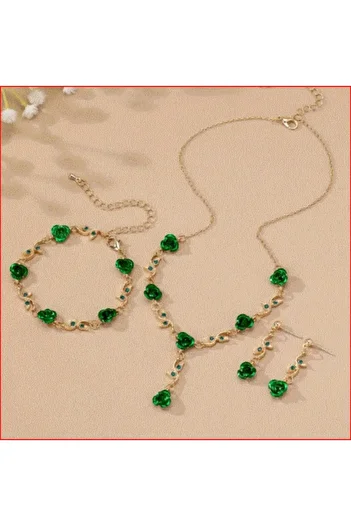 modares Rose Gold Plated Crystal Stone Necklace Earrings Bracelet Set Gift Set Gift for Lover Rose Flower Roses