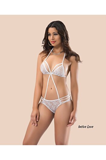 İntive Lingerie Intive Bralet Thong Lace Transparent Appeal Bodysuit (Red, White)