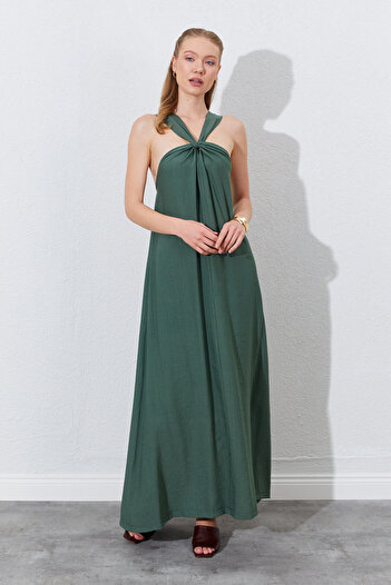 Manche Büzgü Detaylı Halter Maxi Form Elbise - Haki | Mks284907-01