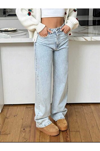 geenz manifacture Kadın Yüksek Bel Kar Mavi Jeans Salaş Beyaz Kot Pantolon Palazzo