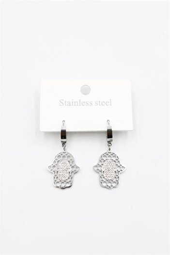 Royaleks Stoned Fatima Hand Earrings - Silver
