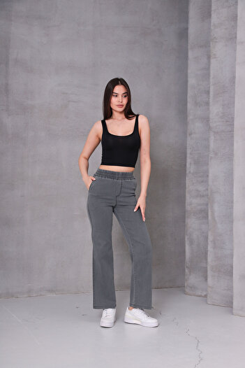 GÜLİZİM BUTİK Gülizim Butik Gri Kadın Beli Lastikli Yüksek Bel Likralı Büyük-küçük Beden Jeans