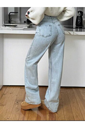 geenz manifacture Kadın Yüksek Bel Kar Mavi Jeans Salaş Beyaz Kot Pantolon Palazzo