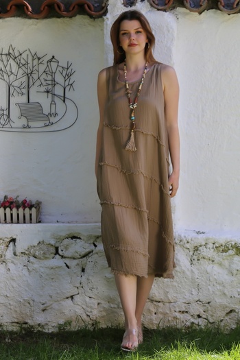 Chiccy Milky Coffee Pool Neck Sleeveless Dirty Stitching Casual Muslin Woven Dress 120 63