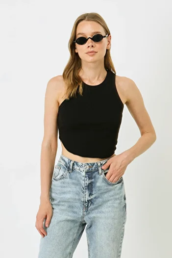 C&City Black Women's Crop Tank Top - Oval Corded Strap 920