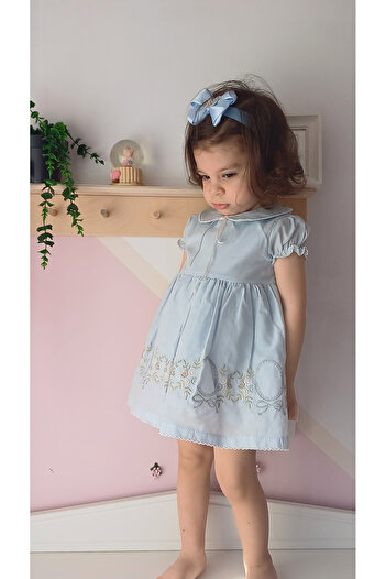 Moonstar Mavi Vintage Pamuklu Bebe Yaka Elbise