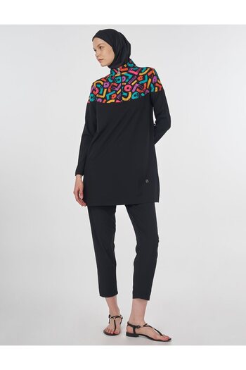 Kayra Abstract Pattern Zippered Hijab Swimsuit Black