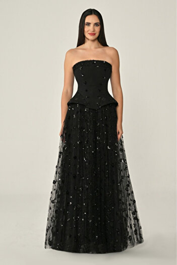 ALFABETA Strapless Skirt Sequined Tulle Long Evening Dress Alfa Beta