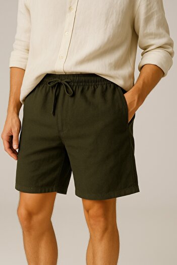 Firststops Men's Khaki Pocket Linen Textured Shorts