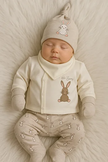 Linda Harris طقم خروج المستشفى للأطفال حديثي الولادة مكون من 5 قطع من Little Bunny Ecru-Beige Melange