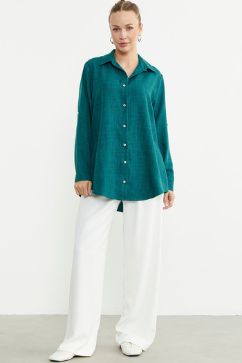 Sementa Large Size Linen Look Shirt - Green