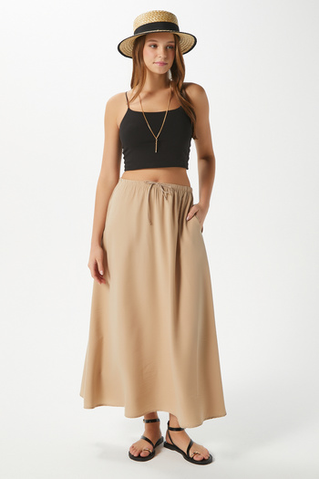 Ritnice Women's Trend Modal Cool Fabric Beige Elastic Waist Pocket Comfortable Fit Long Skirt