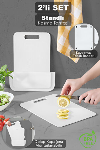 Meleni Home 2-Piece Cutting Board Set with Stand - Adhesive Cabinet Stand Non-Slip Fruit Vegetable Cutting Board White