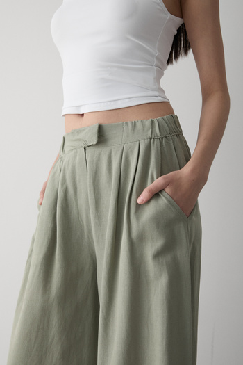 Laluvia Khaki 100% Cotton Side Buttoned Wide Leg Trousers - 3508