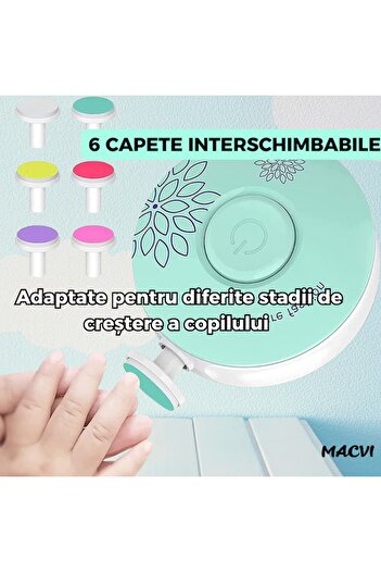 MACVI Set Pila Unghii Electric Macvi® pentru Copii si Bebelusi, 6 Capete, Silentios, Compact, Turcoaz