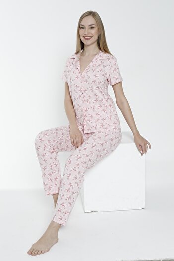JENİKA Kadın Yazlık Kısa Kollu Gömlek Yaka Desenli Pamuklu Pijama Takımı