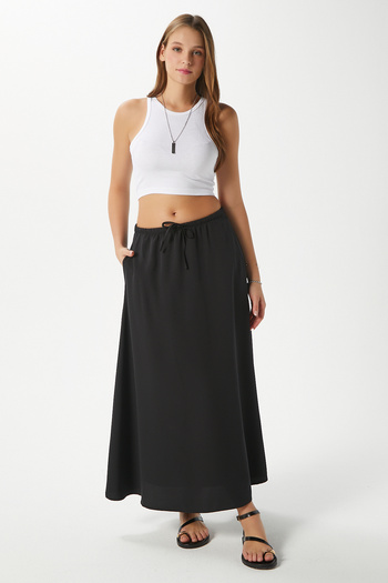 Ritnice Women's Trend Modal Cool Fabric Black Elastic Waist Pocket Comfortable Fit Long Skirt