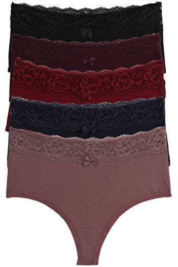 Nicoletta Women's Panties High Waist Thong Large Size 5 Pack Burgundy