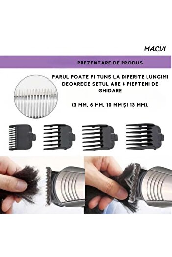 MACVI Aparat de tuns facial si corporal Macvi® functie Turbo, 9 accesorii, acumulator si stand