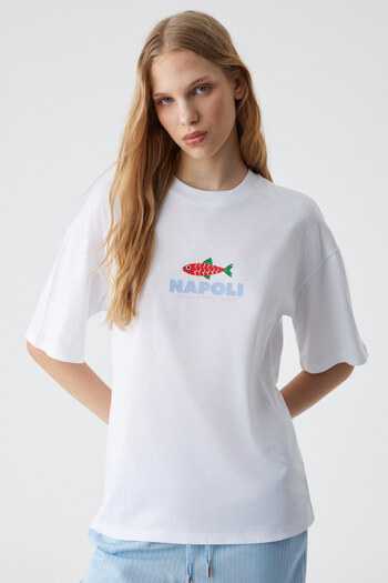 GRIMELANGE Γυναικείο μπλουζάκι Caitlyn 100% βαμβακερό Oversize Crew Neck Λευκό T-shirt
