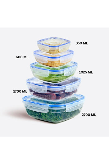 ELDİPA Set of 5 Square Storage Containers with Seals (0.35L - 0.6L - 1.025L - 1.7L - 2.7L) Premium Plastic Without Bpa