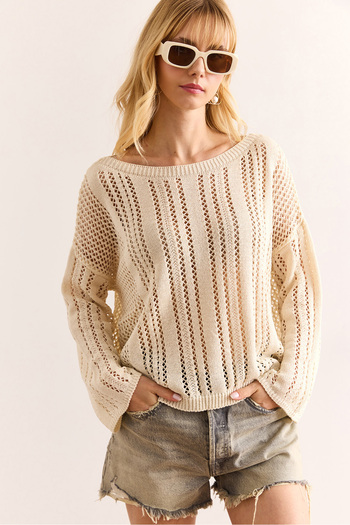 Olalook Women's Ecru Openwork Relaxed Fit Seasonal Knitwear Blouse Blz-19002980
