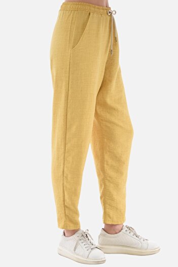 CEDY DENIM Kadın Yazlık Sentetik Keten Yüksek Bel Lastikli Dar Paça Mom Pantolon C611