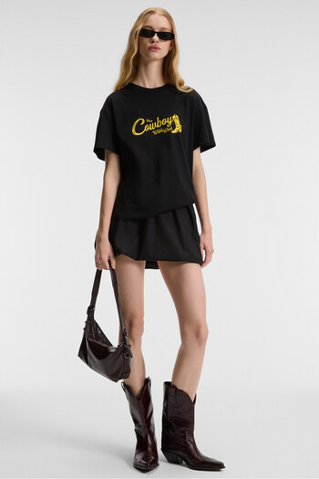 GRIMELANGE Rivela Women's 100% Cotton Regular Fit Printed Crew Neck Short Sleeve Black T-Shirt