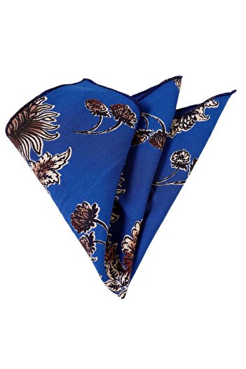 Exve Exclusive Coffee Beige Floral Printed Collar Handkerchief on Petrol Blue
