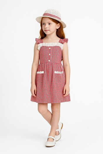 Perendi Girl's Pitikare Patterned Hat Dress Red - Cotton Combed Lined