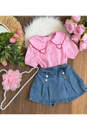 KOKOŞ BEBEK Heart Denim Shorts Skirt Suit |   Between 3/10 Years