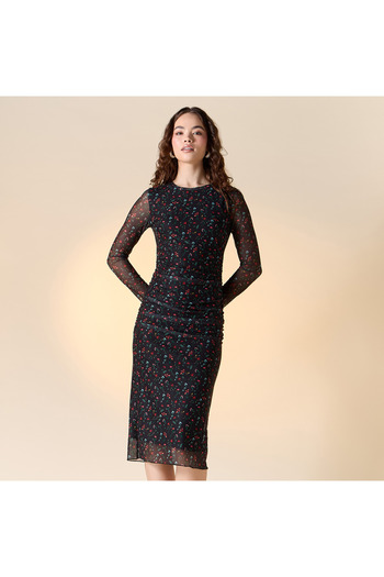 FAV All-Over Floral Print Bodycon Dress with Round Neck