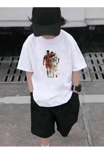 makiteks Tricou cu imprimeu pentru băiat din bumbac pieptănat Tricou 5 6 7 8 9 10 11 12 13 14 ani Fotbal Messi Ronaldo