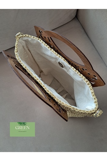 Green Round Wooden Handle Straw Bag
