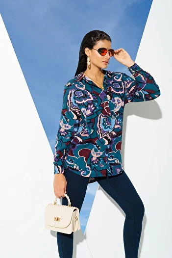 FOR YOU MODA Green Ethnic Pattern Viscose Shirt