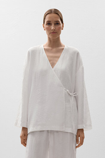 Oysho 100% linen side tie kimono shirt