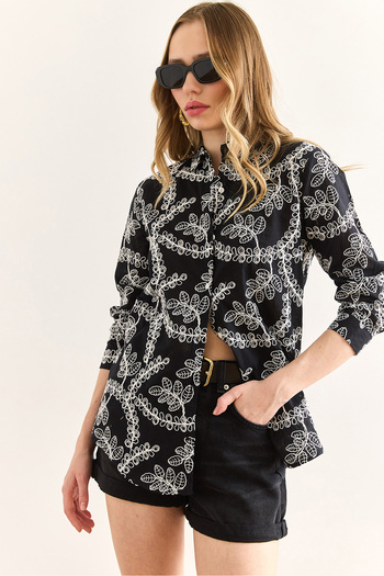 Olalook Women's Black Geometric Scallop Detailed Shirt Gml-19001324