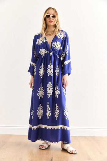 Olalook Women's French Saks Blue Double Breasted Collar Elastic Waist Maxi Slit Viscose Dress Elb-19002383