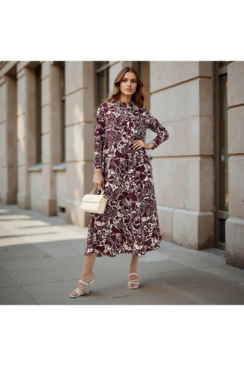 Iconic Iconic Floral Print Trapeze Midi Dress with Collar and Long Sleeves
