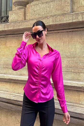 FOR YOU MODA Gathered Front Satin Fuchsia Shirt