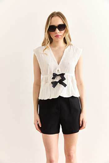 Olalook Damen-Overall mit weißer Schleife und detailliertem Unterteil, strukturierte Bluse BLZ-19002997