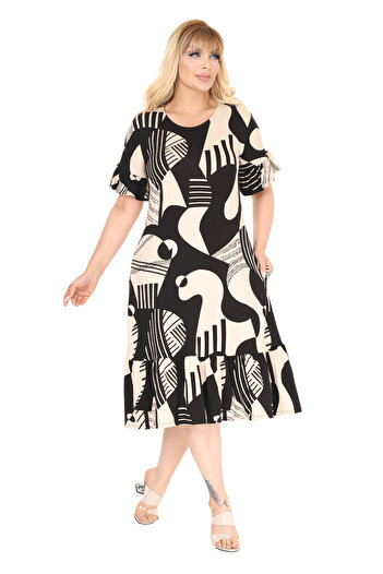 MELSAY Women's Beige-Black Baroque Pattern Short Sleeve Ruffle Dress