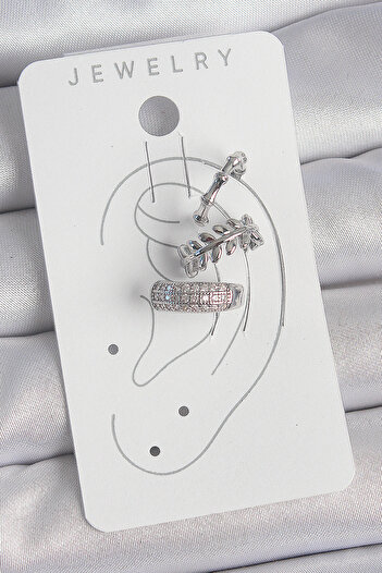 SeyCey.co Brass Silver Color Zircon Stone 3-Piece Model Leaf Figure Women's Cartilage Earrings